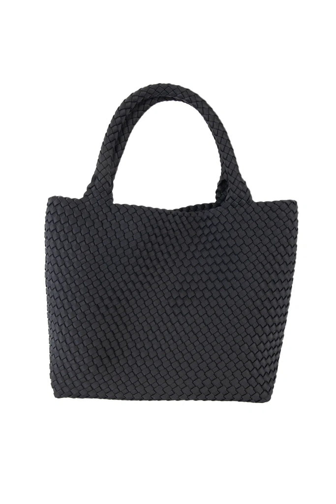 The Katydid Black Woven Design Tote is a stylish womens handbag with two sturdy handles, perfect for daily use. Shown on a white background, this large tote offers ample space for all your essentials.
