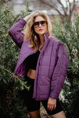 Purple Lightweight Quilted Squares Zipper Jacket