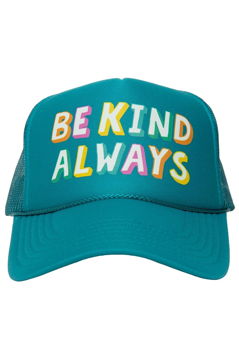 The Katydid Be Kind Always Foam Trucker Hat features bold, colorful lettering on teal foam—an ideal accessory to spread positive vibes and kindness everywhere you go.