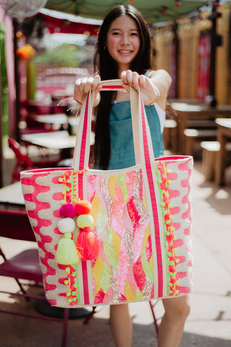 Pink Yellow Champagne Sequin Beaded Canvas Tote Bag