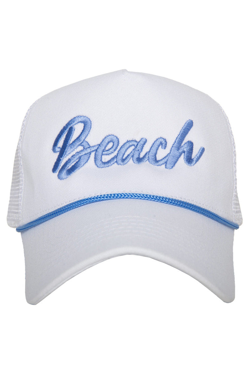 Beach Cursive White Trucker Cap with Rope - Katydid.com