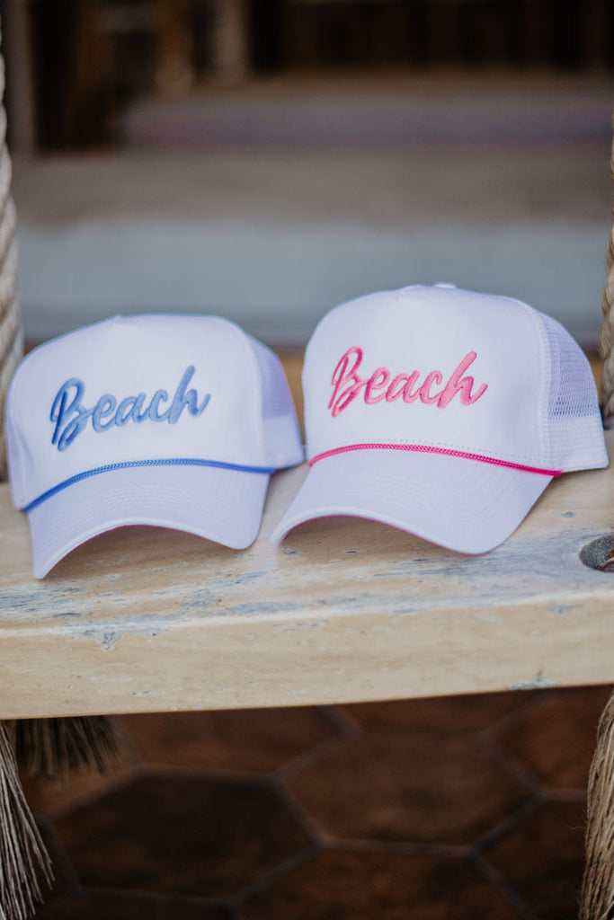 Beach Cursive White Trucker Cap with Rope