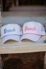 Beach Cursive White Trucker Cap with Rope