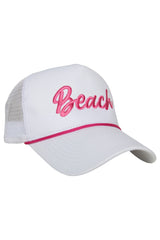 Beach Cursive White Trucker Cap with Rope