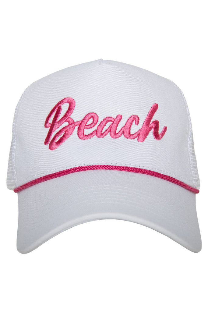 Beach Cursive White Trucker Cap with Rope