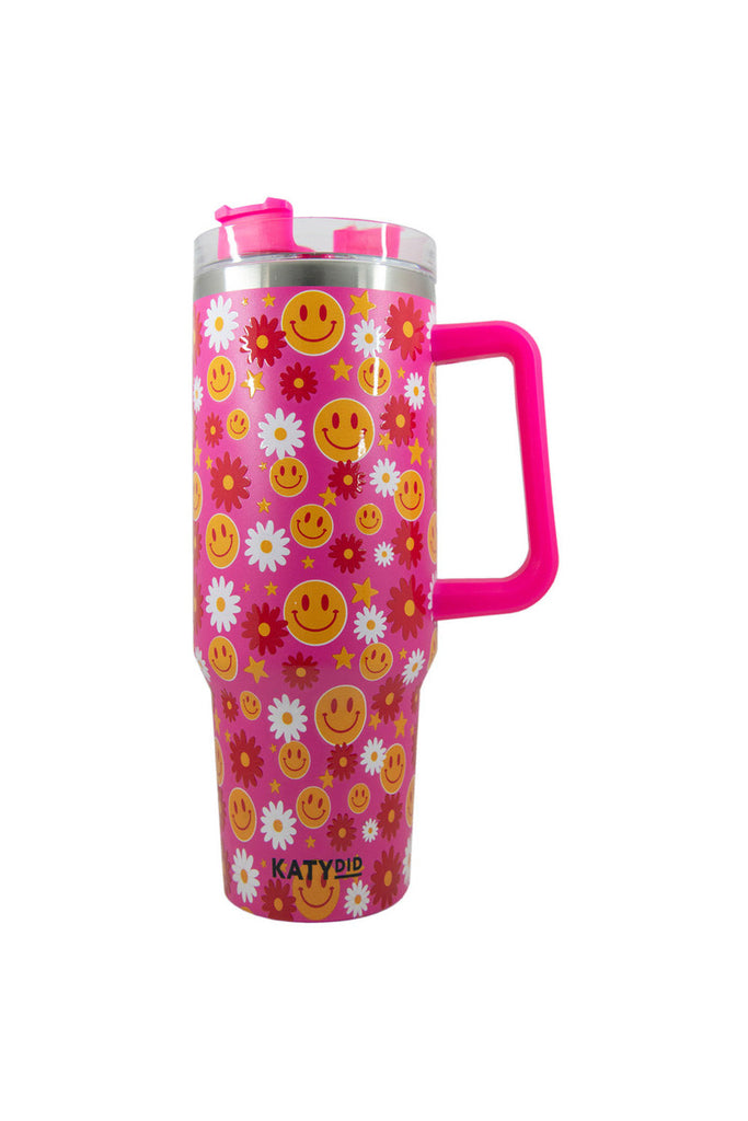 Red Flower Happy Face Tumbler Cup w/ Handle