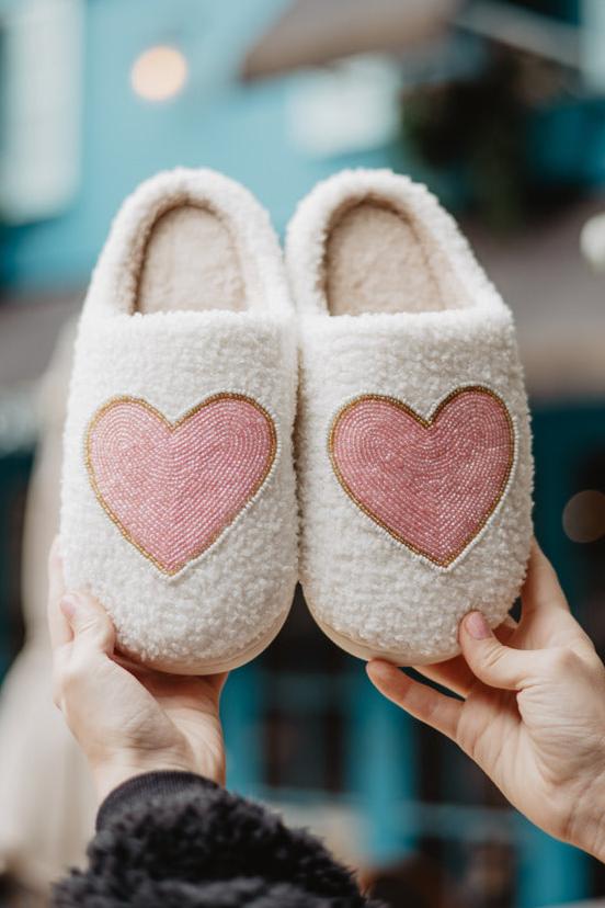 Beaded Pink & Gold Heart Women's House Slippers White / S/M Beaded Pink & Gold Heart Women's House Slippers White / S/M