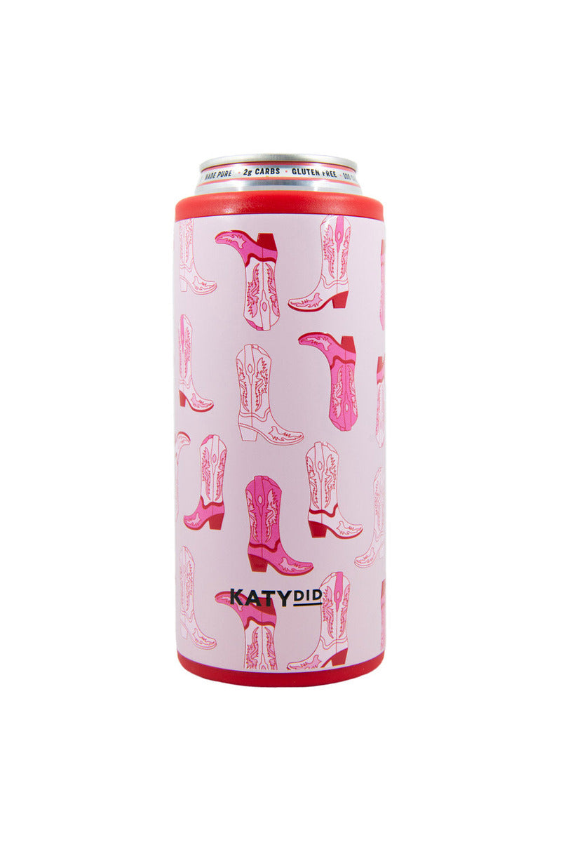 A can cooler with cowboy boots design on it