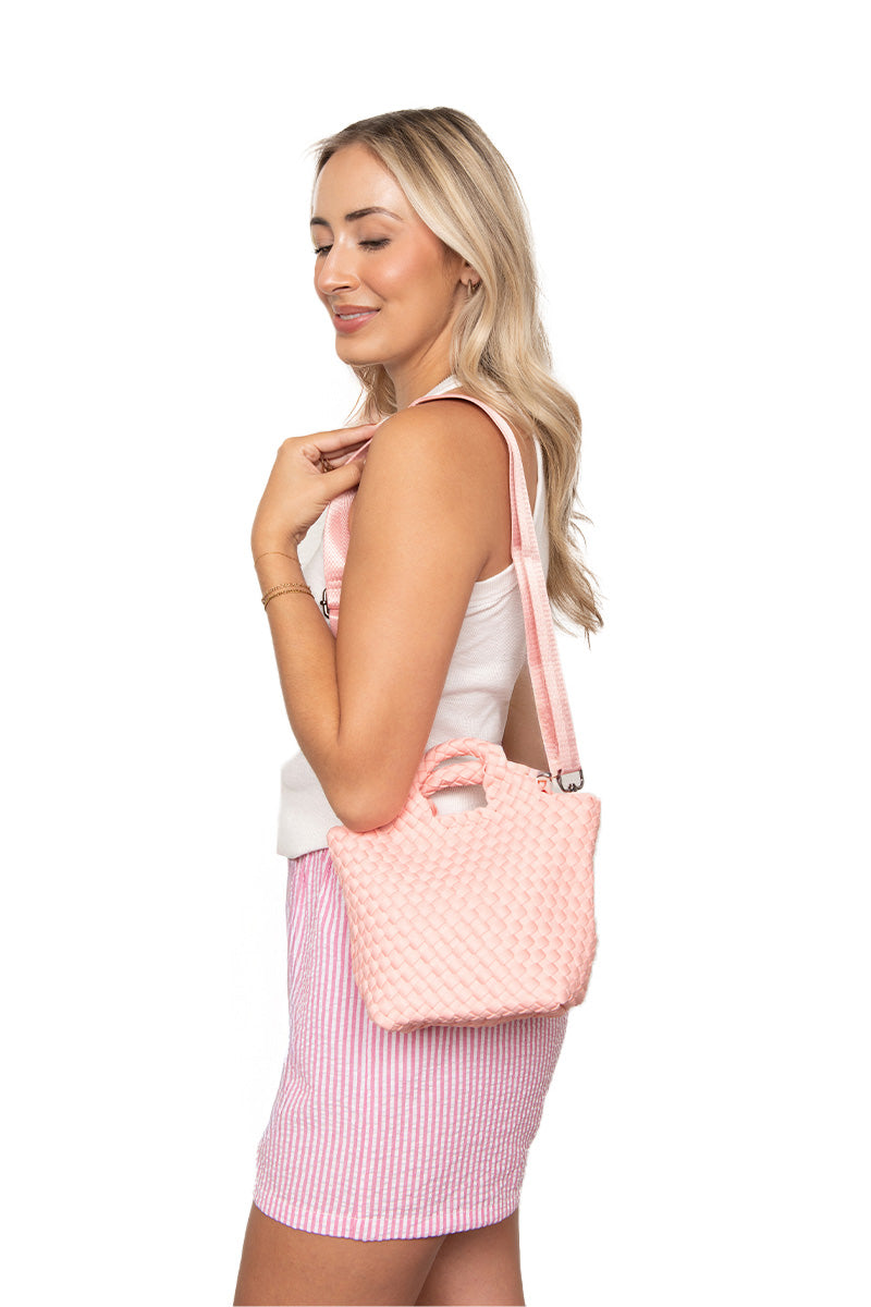 Light Pink Woven Crossbody Bucket Bag