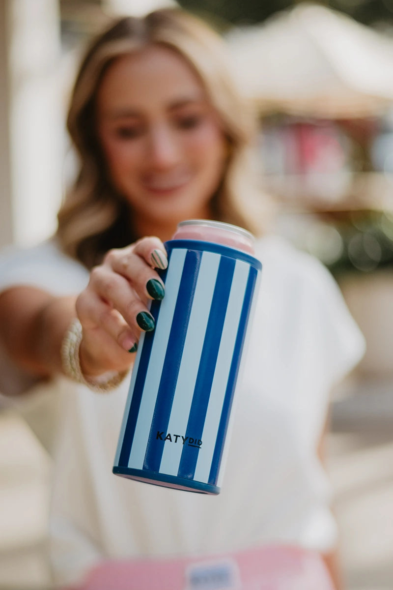 Light Blue and Navy Striped Tall Can Cooler - Katydid.com