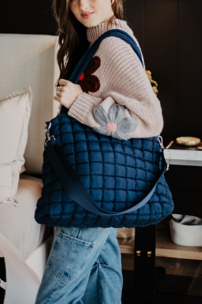 Navy Rectangular Quilted Puffer Tote