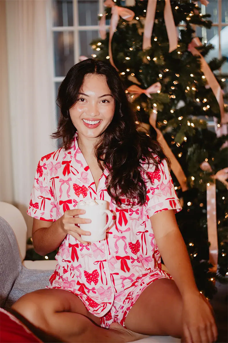 Pink & Red Coquette Bows PJ Shorts Set For Women