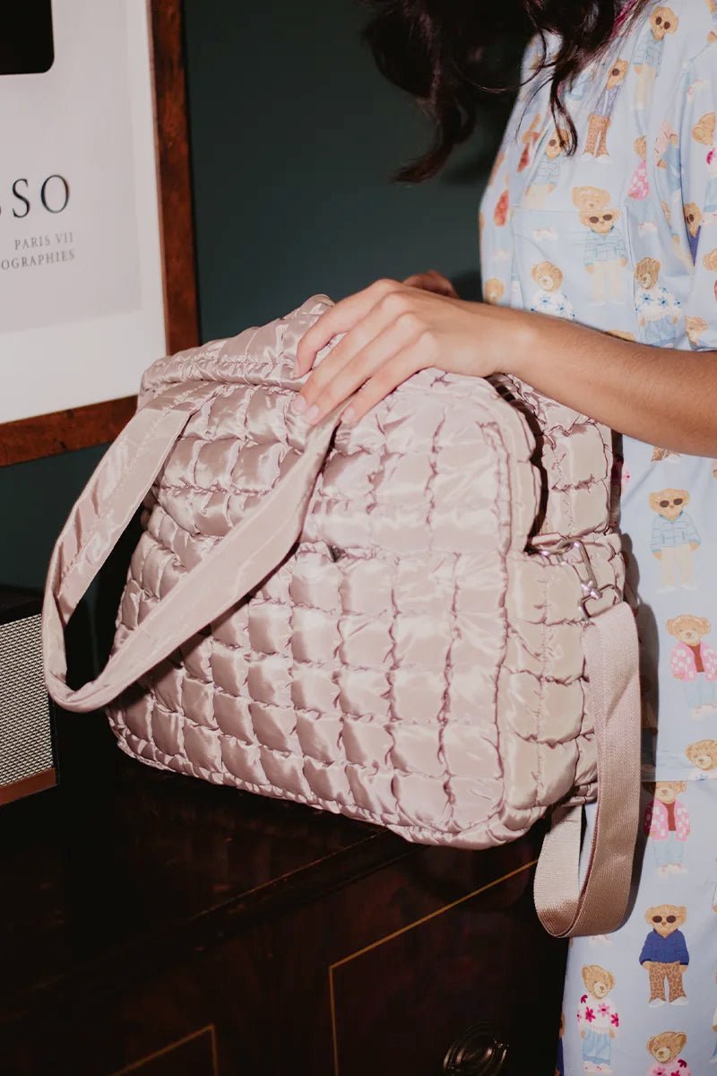 Tan Quilted Duffel Weekender Bag w/ Pass-Thru Slip