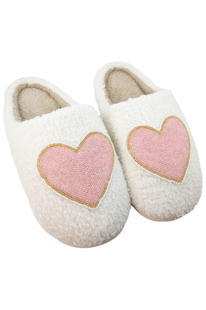 Beaded Pink & Gold Heart Women's House Slippers