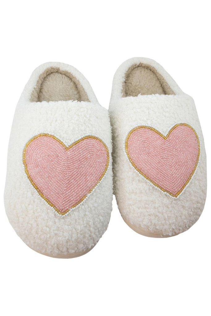 Beaded Pink & Gold Heart Women's House Slippers