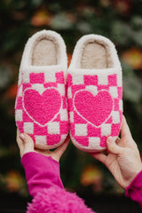 Hot Pink HEART CHECKER Fuzzy Slippers