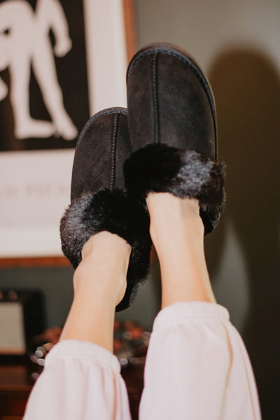 Black Faux Fur Cozy Slippers - Katydid.com