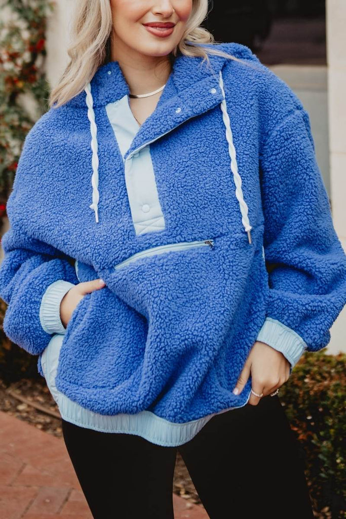 Blue Two-Toned Sherpa Fleece Pullover