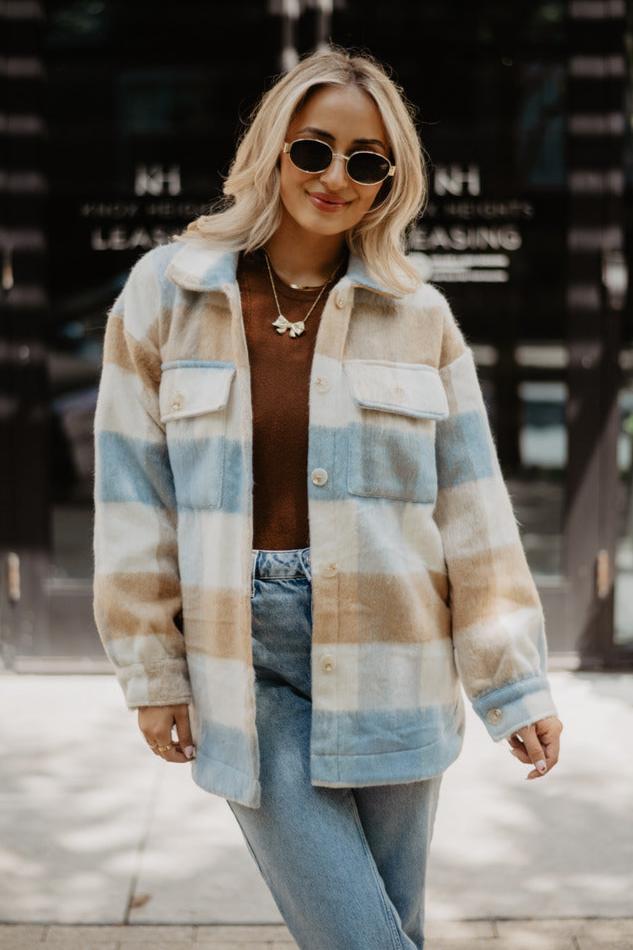 Blue/Tan Check Plaid Checker Shacket Women - Main Image