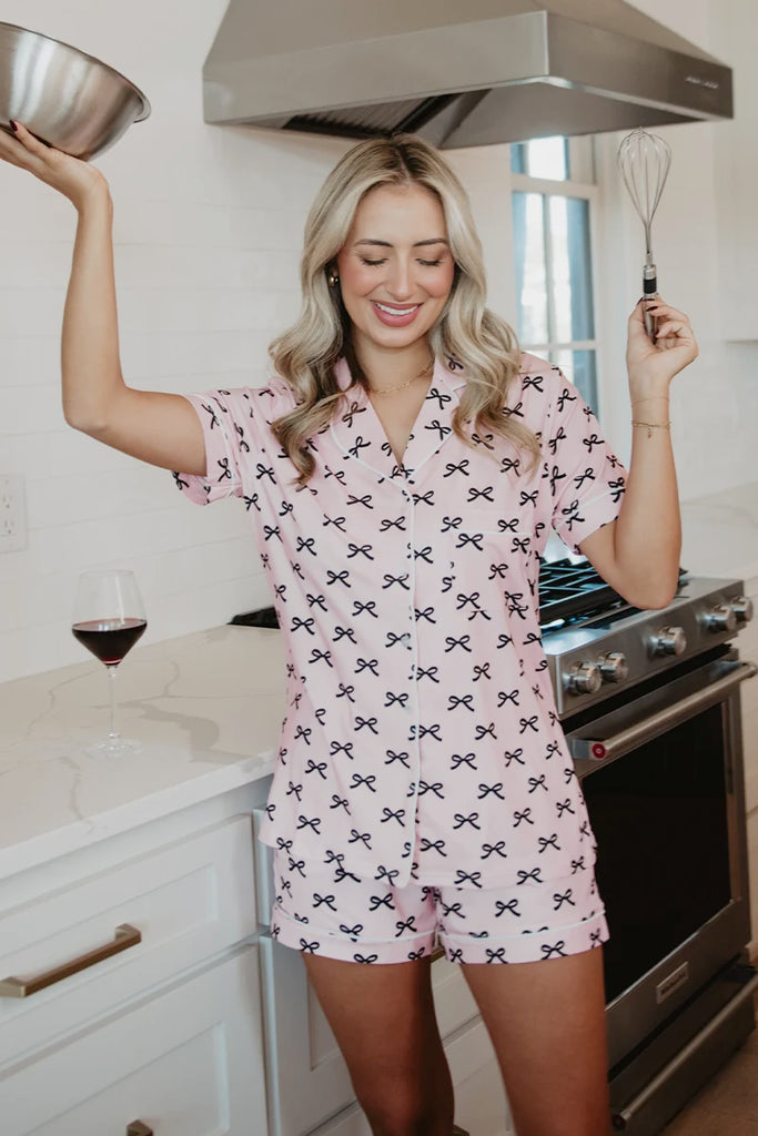 Black & Pink Mini Coquette Bows Loungewear Set
