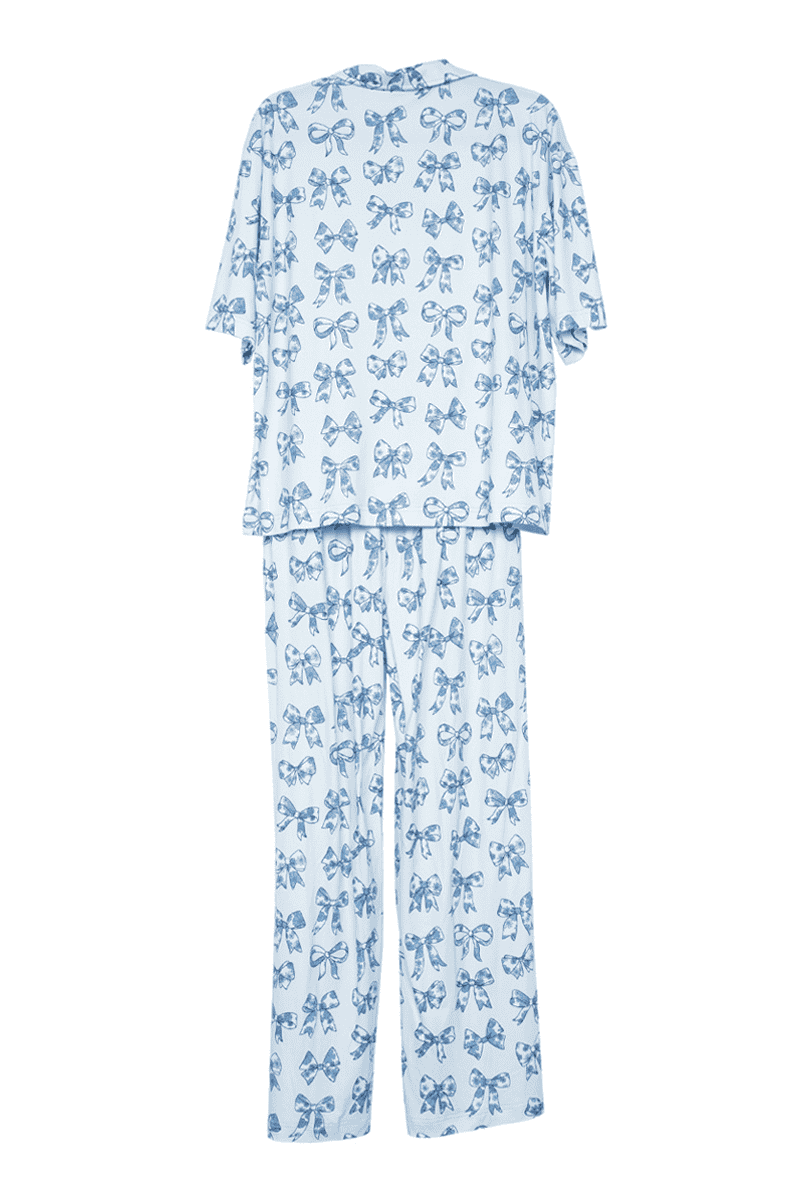 Light Blue Toile Coquette Bows Lounge Pants Set