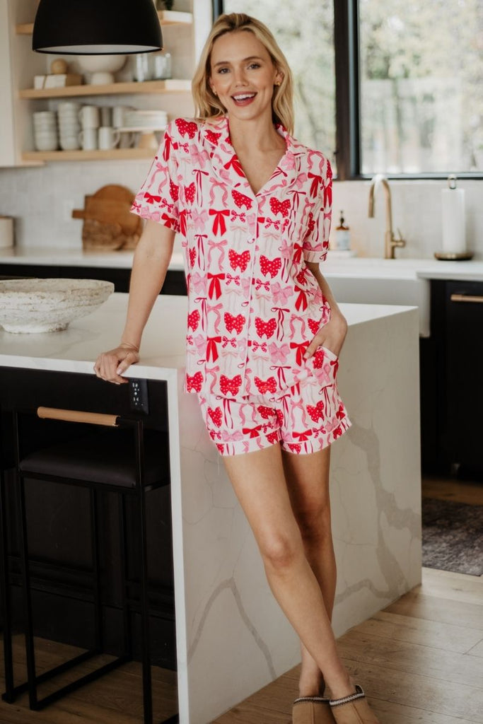Pink & Red Coquette Bows PJ Shorts Set For Women