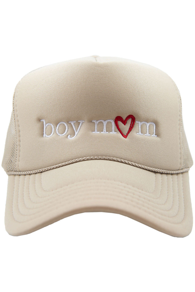 The Katydid Boy Mom Red Heart Cute Foam Hat features boy mom embroidered in white with a red heart for the o on beige foam—an adorable motherhood gift.