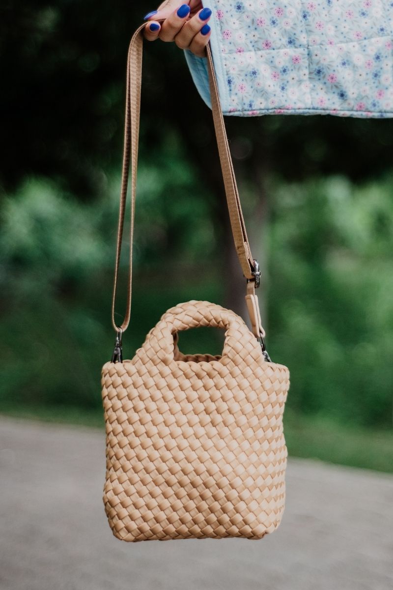 Camel Woven Mini Bucket Bag