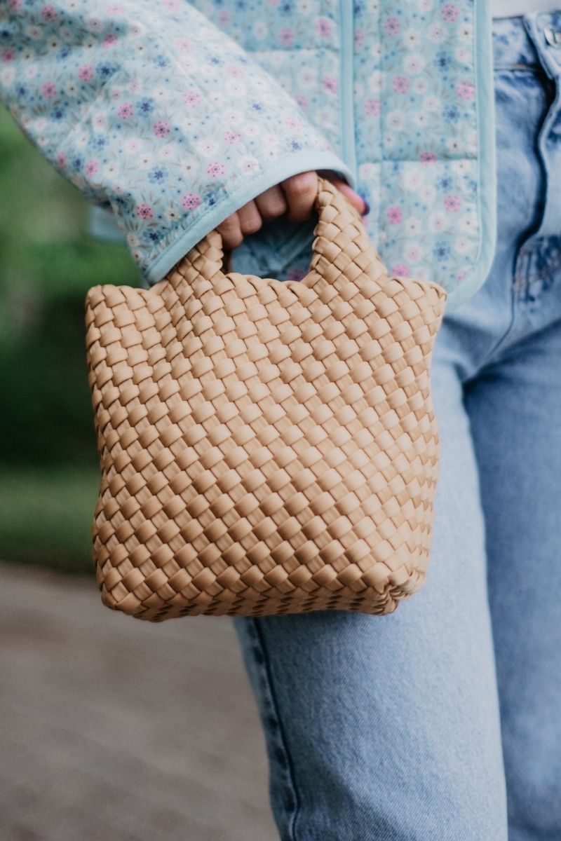 Camel Woven Mini Bucket Bag