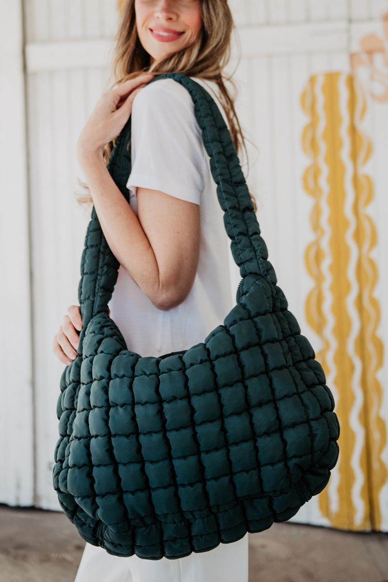 Forest Green Quilted Puffer Tote Bag