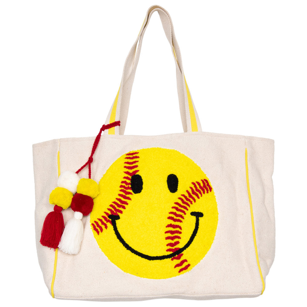 Softball Oversized Happy Face Canvas Tote Bag