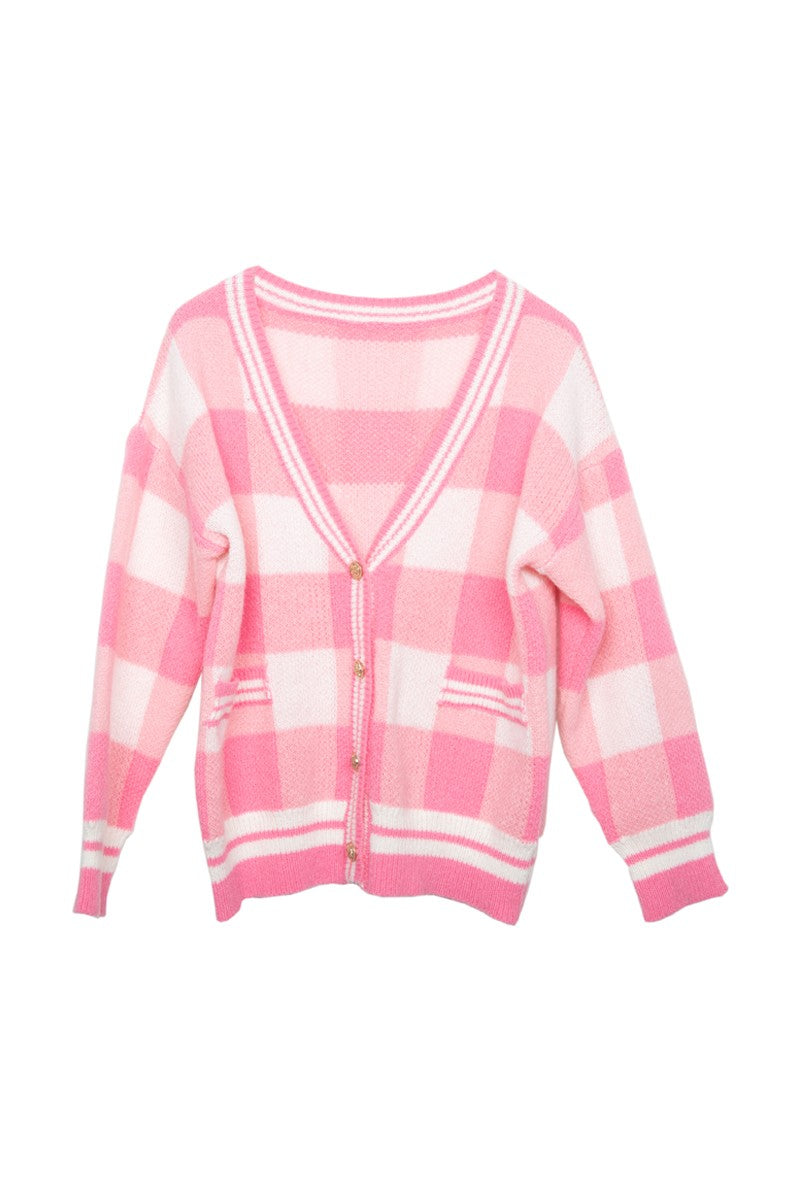 Plaid Gold Button Knitted Pink Cardigan