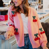 Cherry Long Sleeve Sweater Knit Cardigan