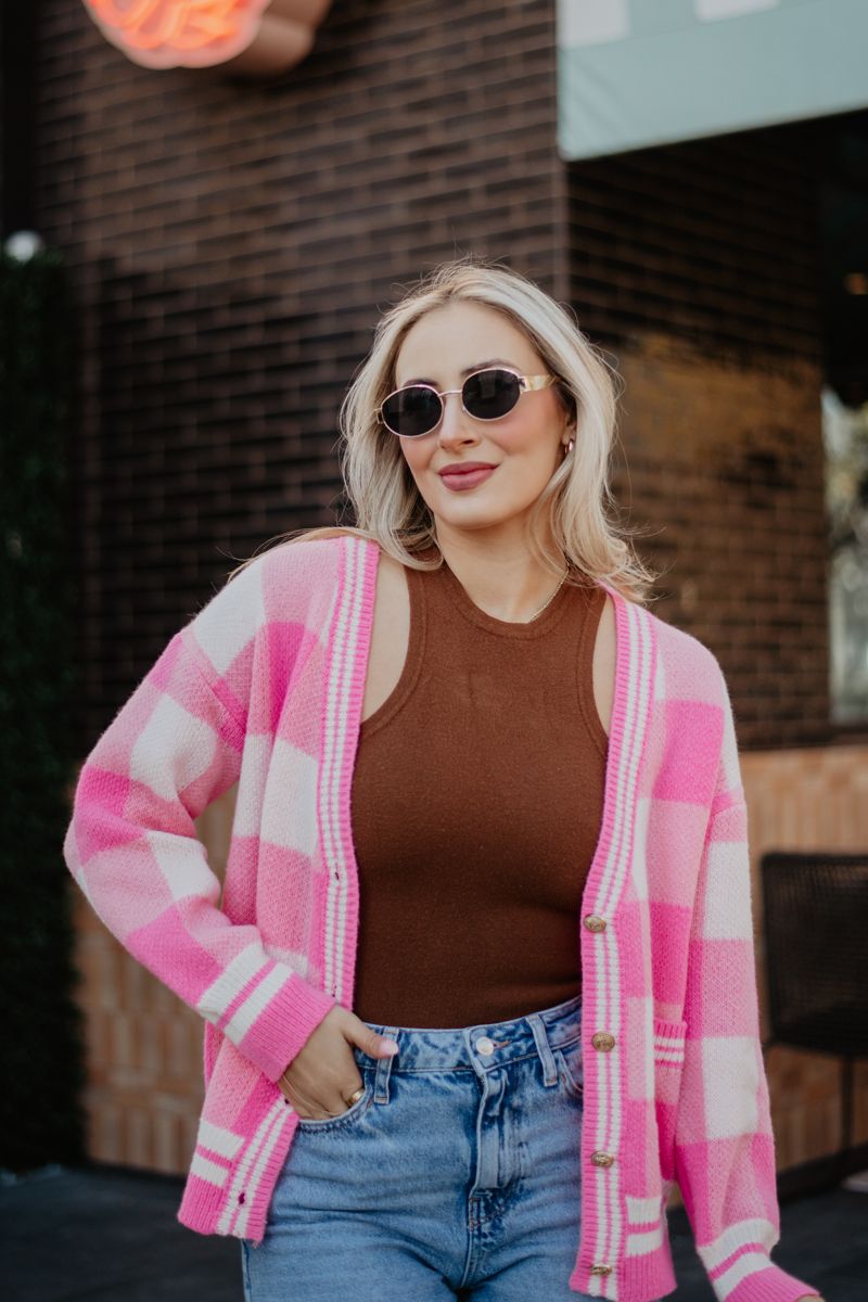 Plaid Gold Button Knitted Pink Cardigan