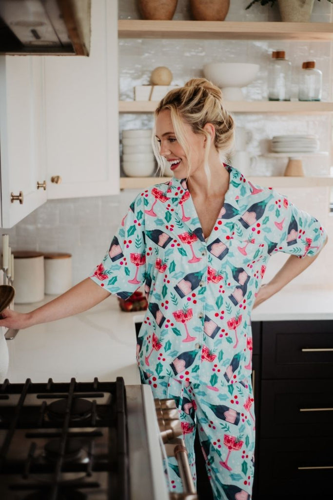 Holiday Champagne, Coupes & Holly Pajama Pants Set