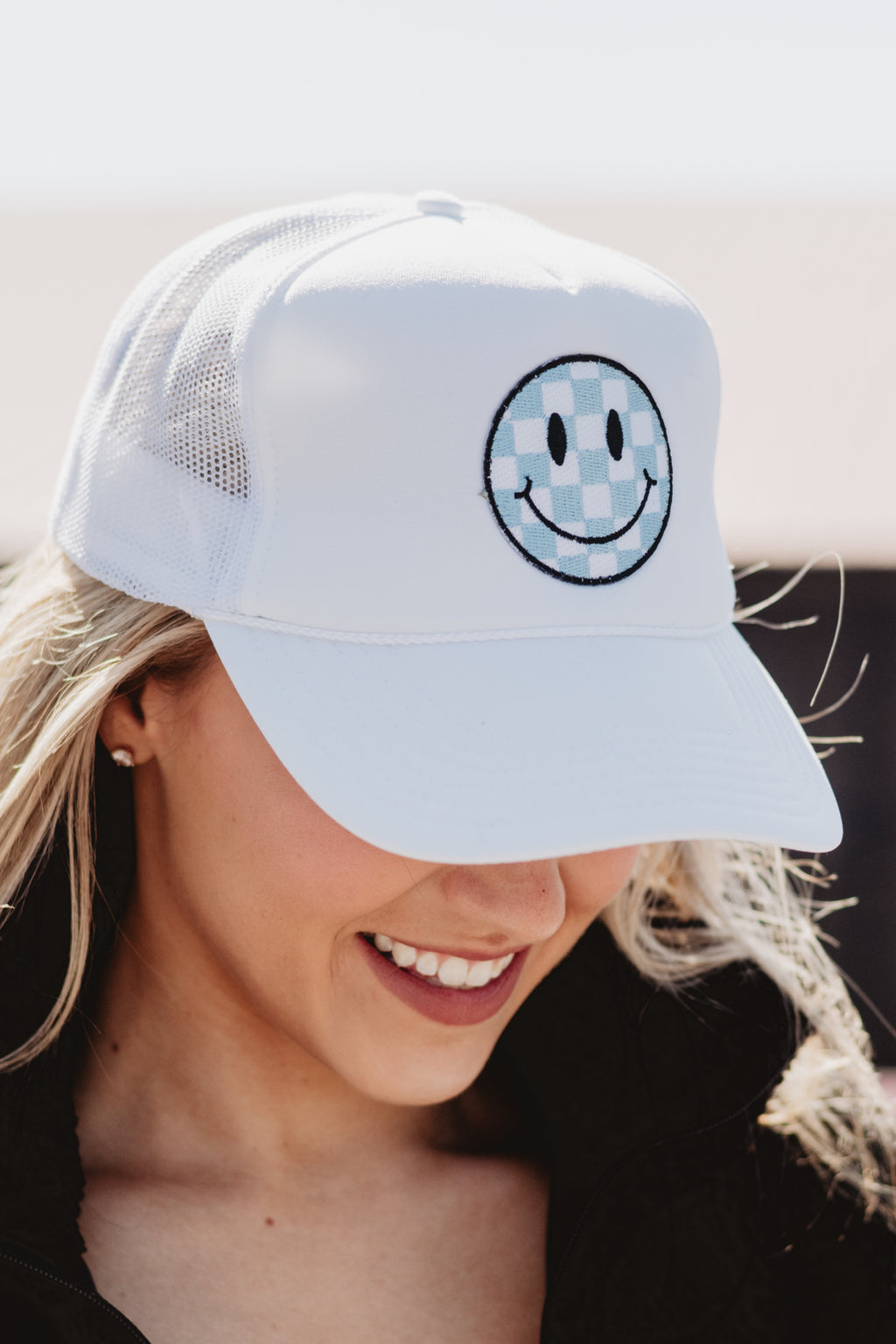 Light Blue Checkered Happy Face Foam Trucker Hat