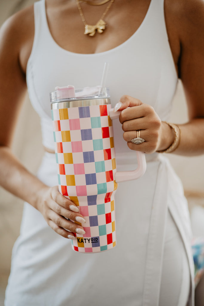 Multicolored Checkered Tumbler Cup w/ Handle