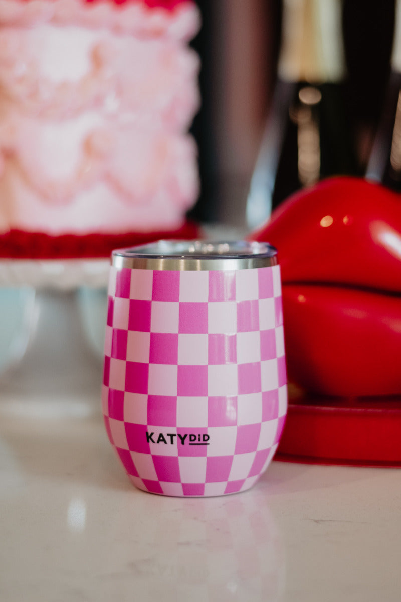 Pink Checker Wine Tumbler with Lid