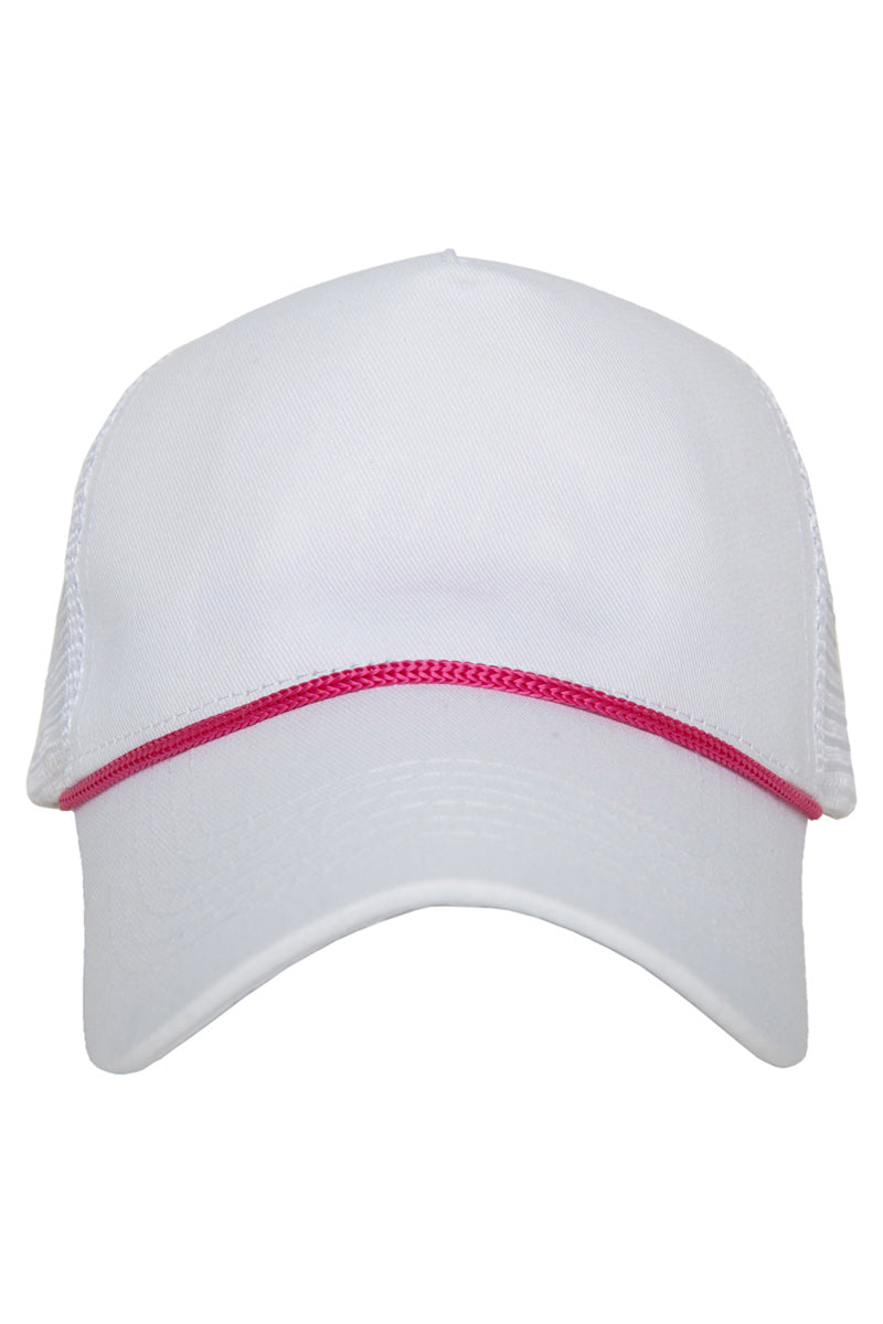 The Katydid White Blank Trucker Hat with Pink Rope features a mesh back, curved brim, and a thin pink rope detail—perfect for adding trendy boutique style to any outfit.