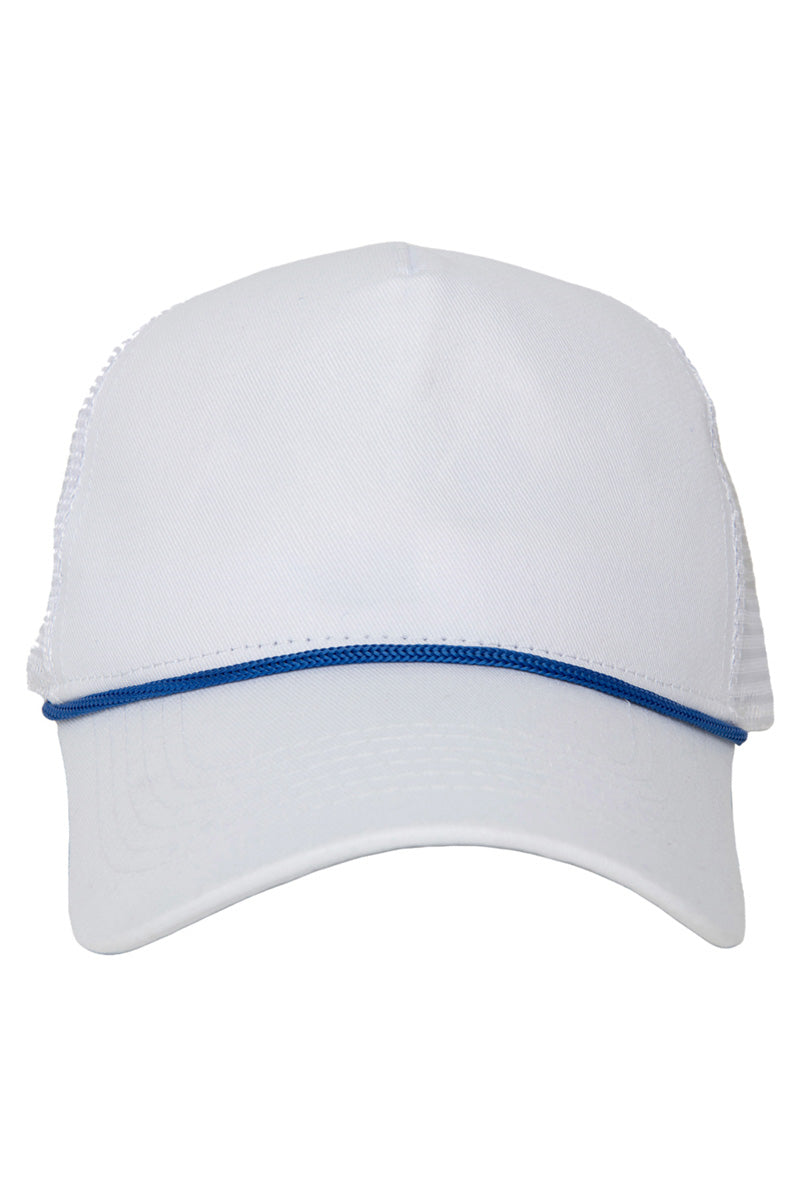 The Katydid White Blank Trucker Hat with Blue Rope features mesh side panels, a curved bill, a blue rope accent above the brim, and an adjustable snap closure for a comfortable fit.