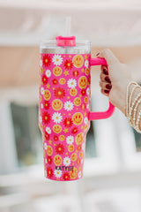 Red Flower Happy Face Tumbler Cup w/ Handle