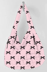 Black & Pink Mini Coquette Bows Quited Hobo Tote Bag
