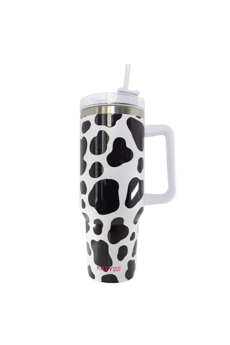 Black/White Cow Print Insulated Tumbler Cup with Handle - Katydid.com