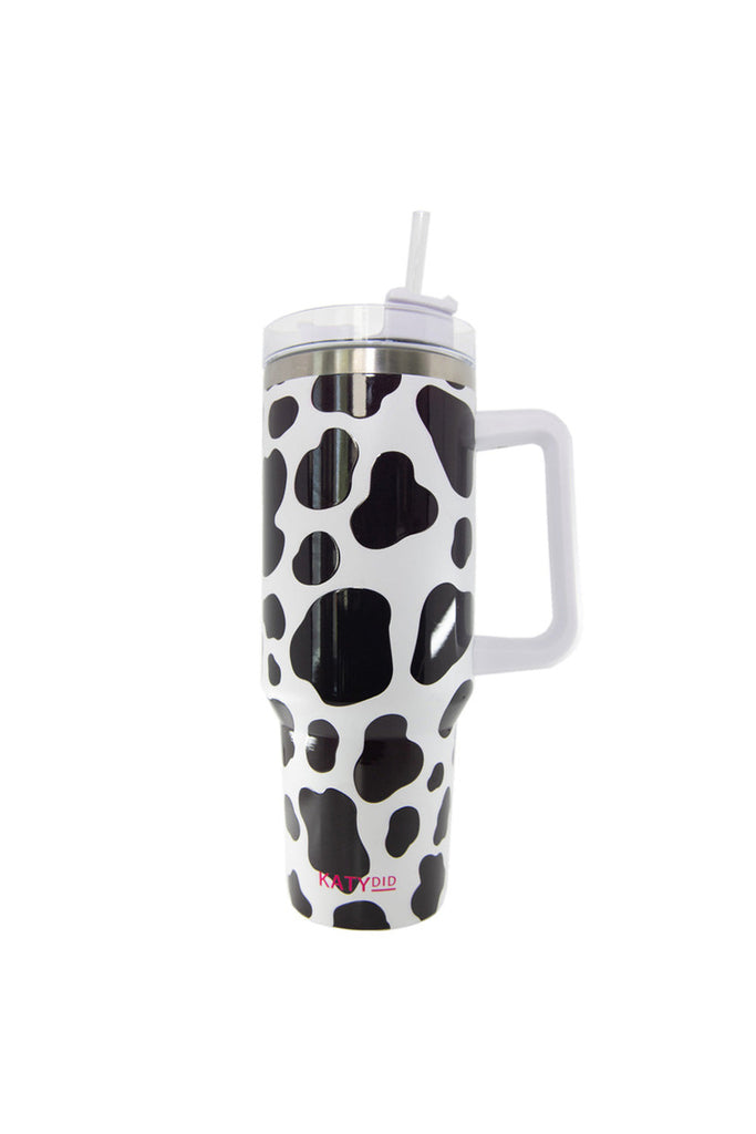 Black/White Cow Print Insulated Tumbler Cup with Handle