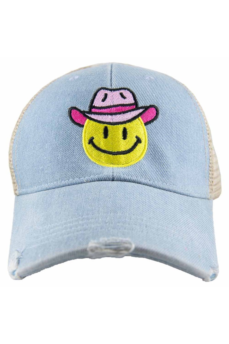 Cowboy Hat Happy Face Denim Trucker Hat - Katydid.com