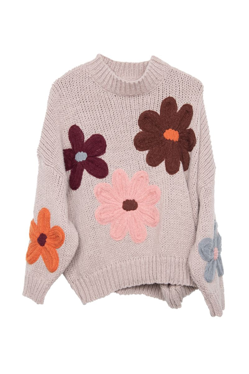 Tan Floral Knit Stitched Sweater - Katydid.com