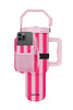 The Katydid Pink and Hot Pink Striped Tumbler Pouch Bag features a mesh pocket for your smartphone and the Katydid logo, making it a stylish and practical accessory for your tumbler.