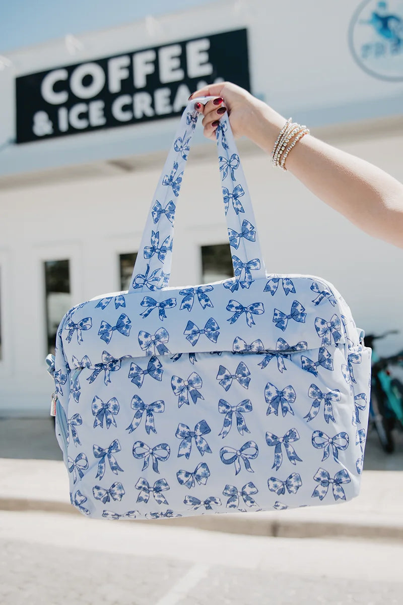 Light Blue Toile Coquette Bows Weekender w/ Pass-Thru Slip