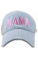 MAMA (Pink and White) Denim Trucker Hat