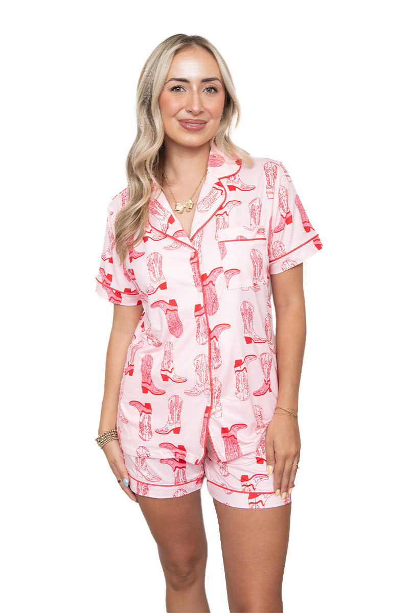 Light Pink Western Boots All Over PJ Short Set - Katydid.com